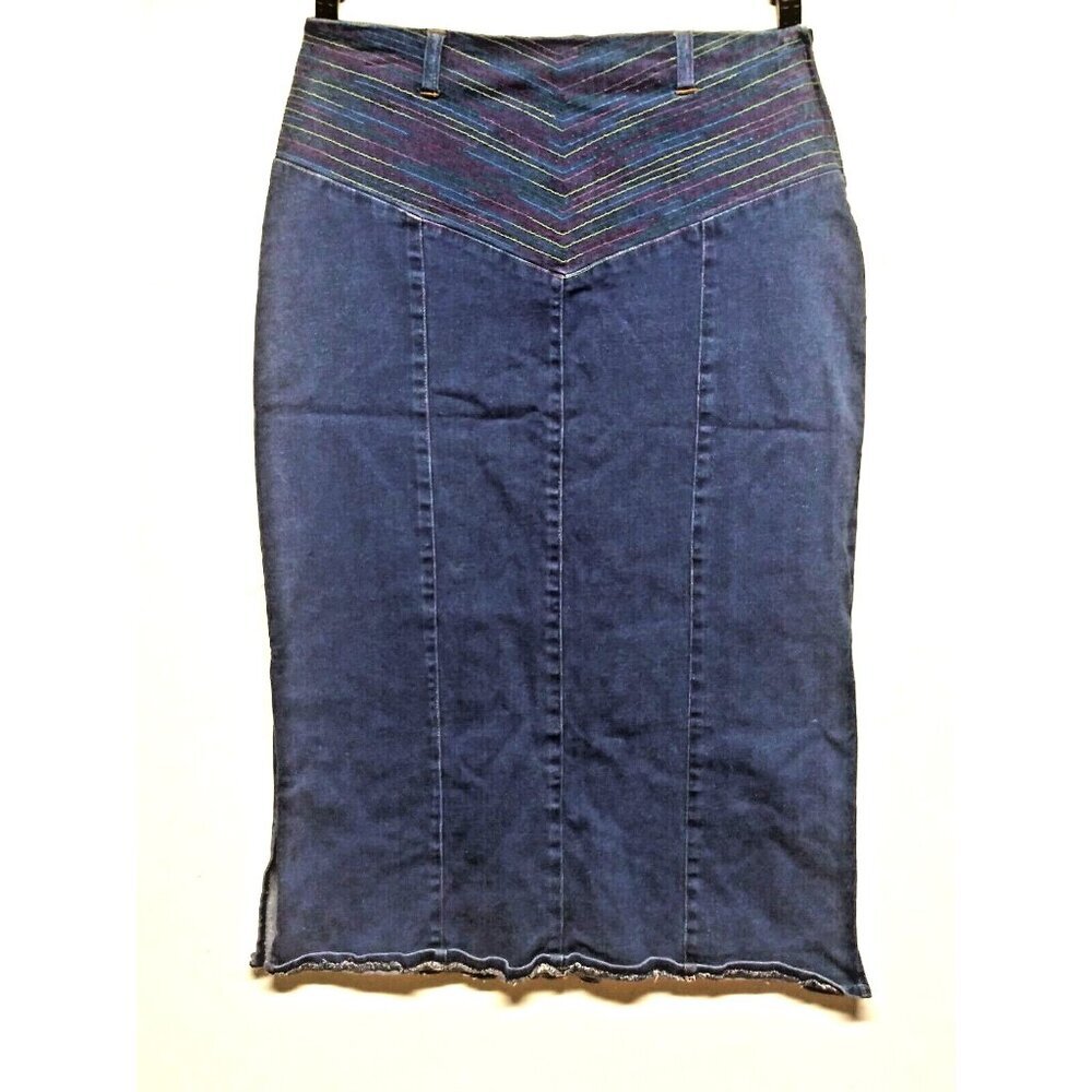 Denim Skirt embroidered waist Women 12 Straight midi Stretch Cinnamon & Spice EC